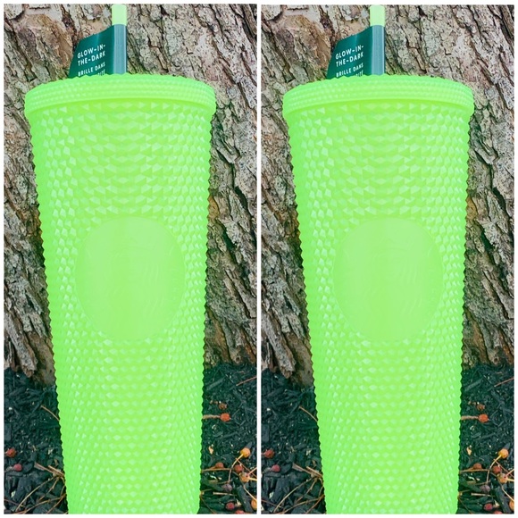 two Starbucks 24oz venti lemon grass studded glow in the dark tumbler cols cup.